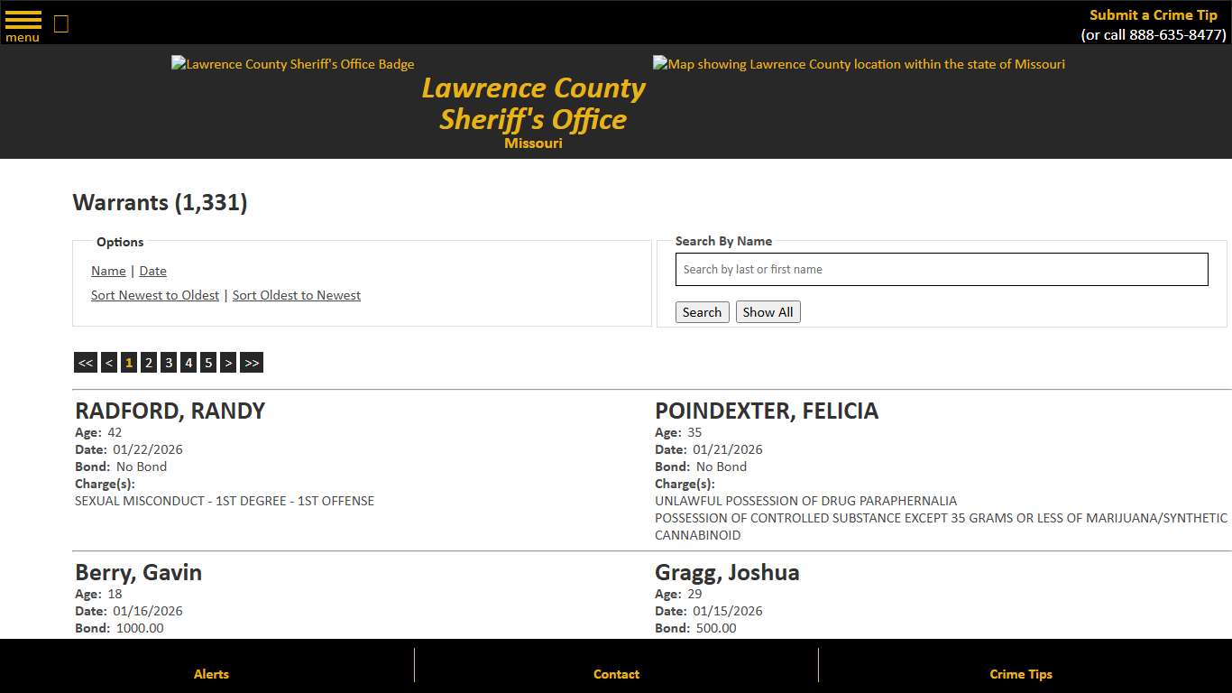 Warrants - Warrant Date - Descending - Lawrence County Sheriff MO