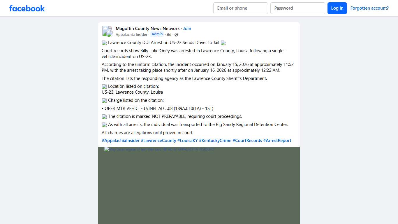 Magoffin County News Network 🚨 Lawrence County DUI Arrest on US-23 Sends Driver to Jail 🚨 Facebook